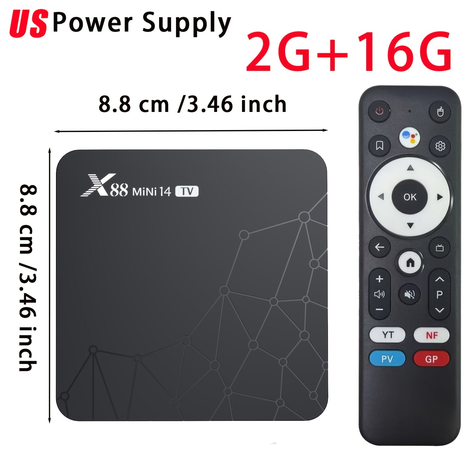 88MINI 14 TV Android 14 Caja de TV | Decodificación 4K@60Hz HDR 8K | RK3518 Quad Core + Mali GPU | 2GB RAM+16GB ROM, Enchufe US | WiFi Dual Band 6 y BT 5.0 | Expandible a 64GB | HD 2.0b | Control Remoto Infrarrojo Multilingüe con Voz | Portátil para Hoga