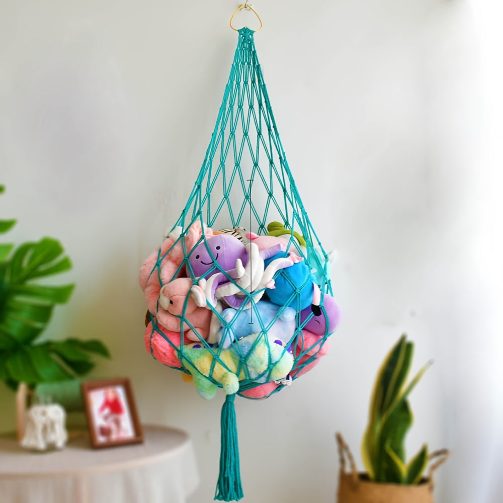 1pc Soporte para Juguetes Macramé Bohemio Hecho a Mano - Red de Animales de Peluche Colorida con Borla, Solución de Almacenamiento Montada en la Pared para Decoración de Habitaciones Infantiles, Cajas de Poliéster Duradero para Organización del Hogar