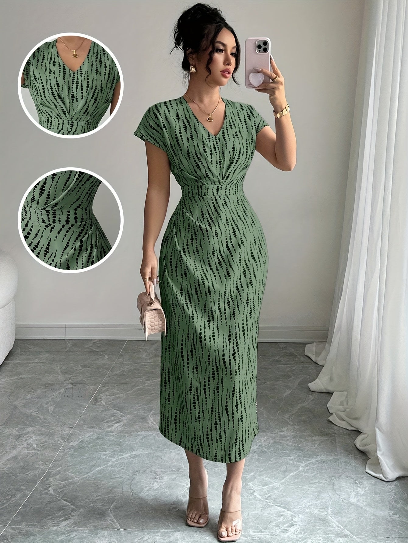 Vestido midi elegante retro floral para mujer - Cuello en V, manga corta, detalle de cremallera, perfecto para el trabajo y las vacaciones, ajuste para todas las estaciones, vestido casual | Estampado floral vintage | Vestido con detalle de cremallera
