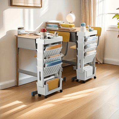 Estantería de Escritorio con 5 Niveles y Ruedas - Almacenamiento Multifuncional para Libros, Revistas y Periódicos - Adecuada para Oficina, Estudio, Dormitorio, Sala de Estar