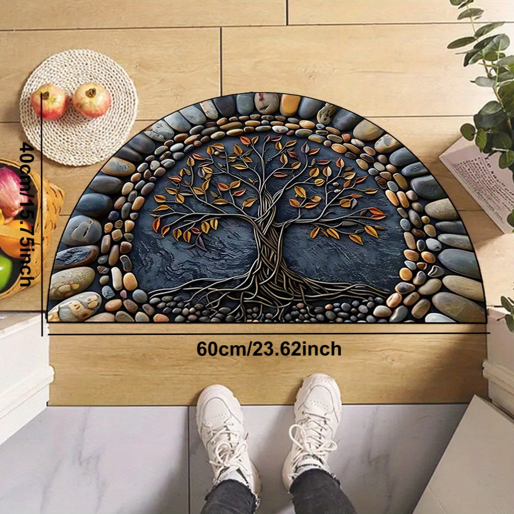 1pc Felpudo de bienvenida con árbol de la vida - Lavable, antideslizante con respaldo de silicona, poliéster, para decoración de porche/sala de estar/dormitorio/oficina y exterior