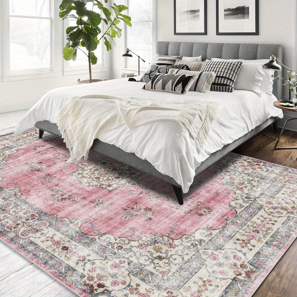 Lujoso tapete de área floral bohemio de terciopelo - Ultra-suave, grueso, antideslizante, lavable a máquina, diseño beige claro y rosa para sala de estar, dormitorio, comedor y oficina - Forma rectangular, ligero, tejido a mano de poliéster, alfombras pa