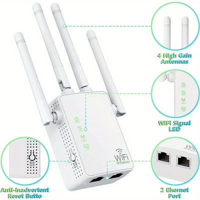 Amplificador de señal de WiFi de 300Mbps hasta 6000 pies cuadrados y 55+ dispositivos, Amplificador de rango de WiFi, Repetidor de Internet inalámbrico, Amplificador de largo alcance con puerto Ethernet, Punto de acceso, enchufe de EE. UU., 110V-130V, Si
