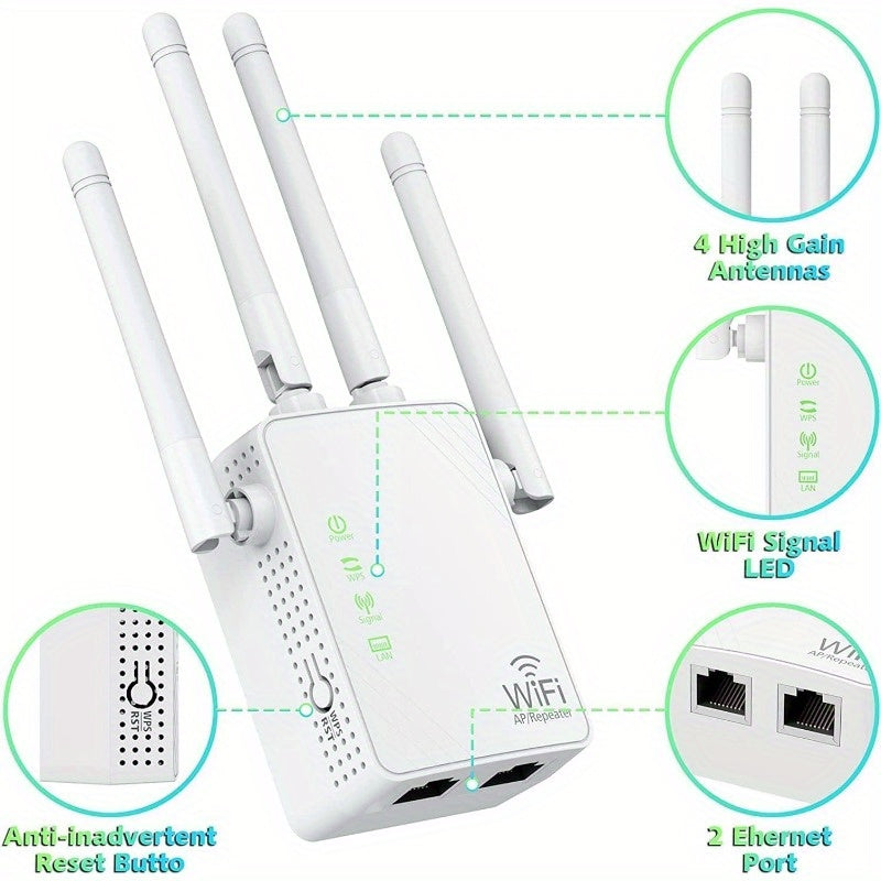 Amplificador de señal de WiFi de 300Mbps hasta 6000 pies cuadrados y 55+ dispositivos, Amplificador de rango de WiFi, Repetidor de Internet inalámbrico, Amplificador de largo alcance con puerto Ethernet, Punto de acceso, enchufe de EE. UU., 110V-130V, Si