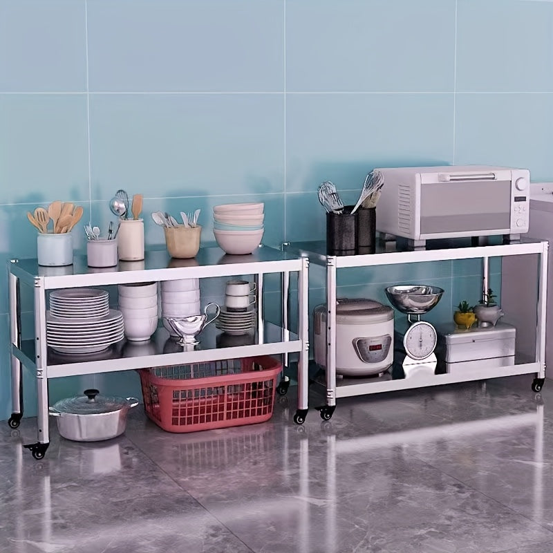 Carro de Cocina Rodante de Acero Inoxidable de 2 Niveles con Estantes de Almacenamiento y Ruedas - Organizador Portátil para Hogar, Camping y Uso Exterior, Mesa de Cocina al Aire Libre | Carrito de Cocina Moderno | Mueble de Cocina Duradero, Carrito de C