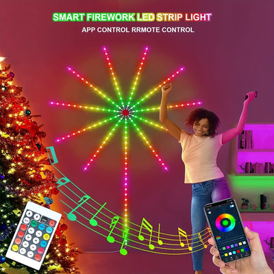 1 unidad de luces LED de fuegos artificiales Dreamy, luces de fuegos artificiales sincronizadas con música para dormitorio con control remoto y control de aplicación, pared de vidrio, ventana, cocina, decoración interior y exterior de luces LED de fuegos