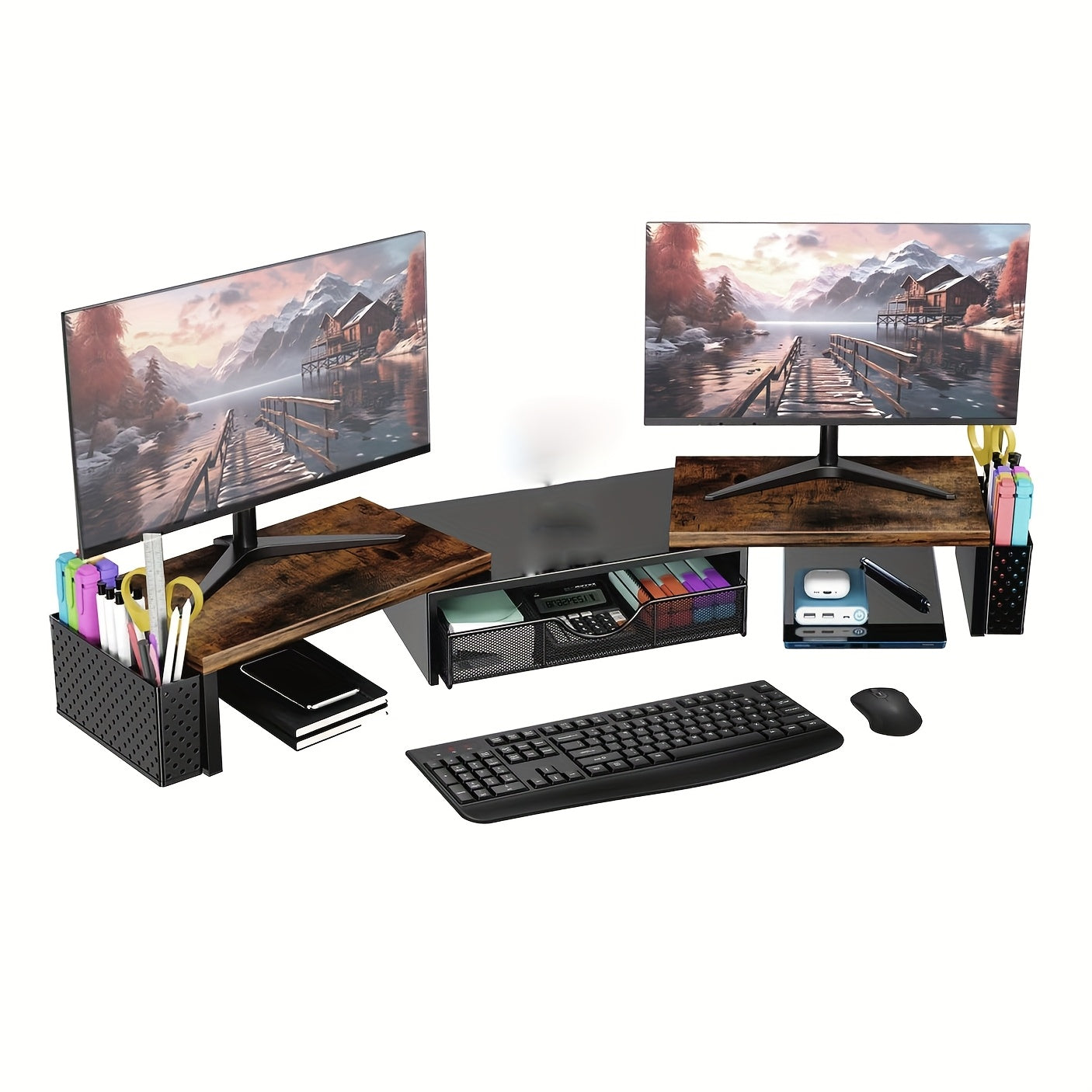 Soporte Elevador para Doble Monitor, Organizador de Escritorio con Cajón y 2 Porta Bolígrafos, Soporte para Monitores de Computadora para Hogar y Oficina