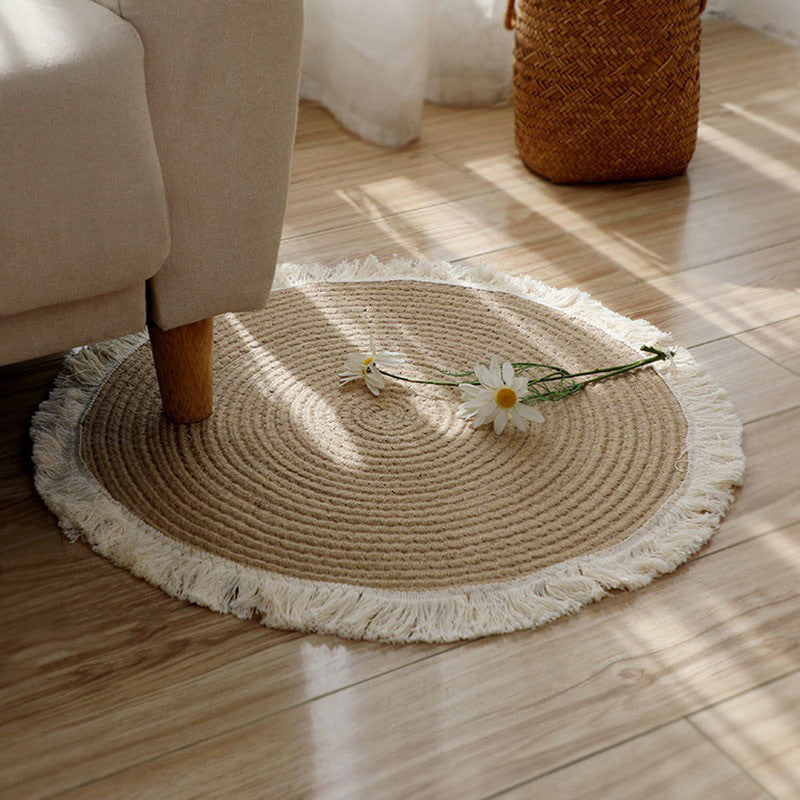 Tapete de lino tejido a mano con borlas, estilo japonés, diseño en espiral, color beige neutro, ideal para decoración de dormitorio, sala o balcón, alfombra para sala