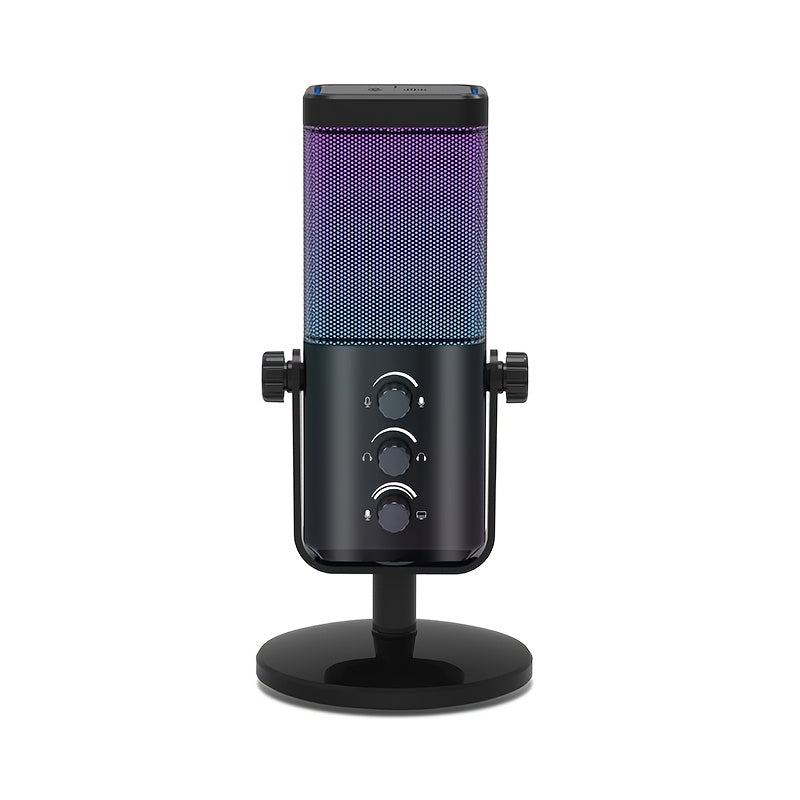 Micrófono de condensador RGB Ultra-Clear Sound - Plug & Play, reducción de ruido inteligente, monitoreo en tiempo real, control de perilla independiente, perfecto para transmisiones en vivo, juegos y más - Conexión USB Type-C, material ABS, control de vo