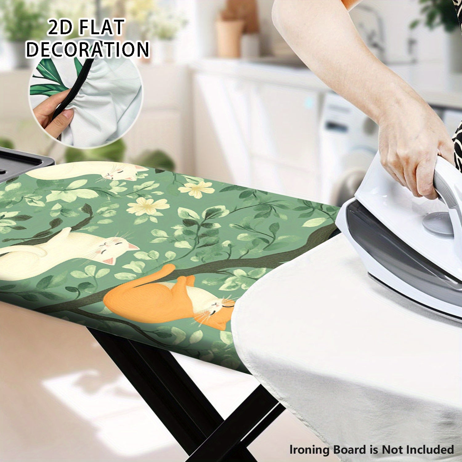 2D Plano, Cubierta de Tablero de Planchar 2D con Diseño de Gato y Flor - Instalación Fácil, Accesorio de Lavadora que Ahorra Espacio, Incluye Correas de Colgar y Tablero de Planchar, Cubierta de Lavadora, Decoración de Habitación de Lavandería, Diseño Jo