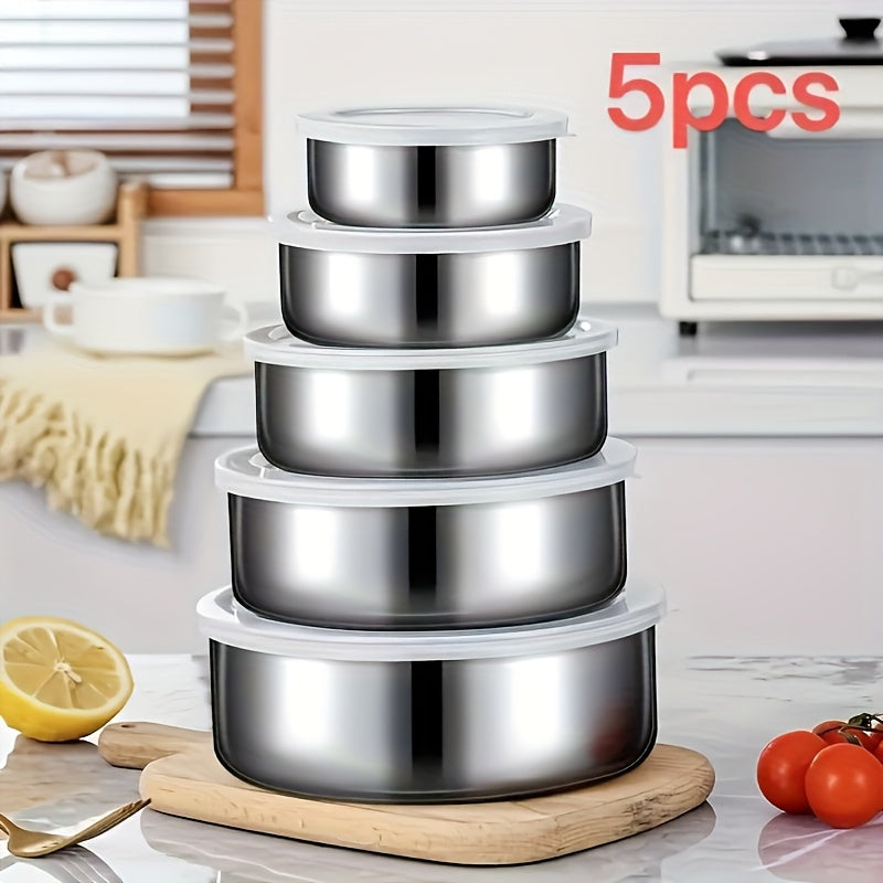 Juego de 10 Recipientes para Alimentos de Acero Inoxidable con Tapas Antifugas, Organizador Redondo Apilable - Ideal para Preparación de Comidas, Sobras y Despensa - Apto para Lavavajillas, Diseño Multitamaño y Estilo Minimalista