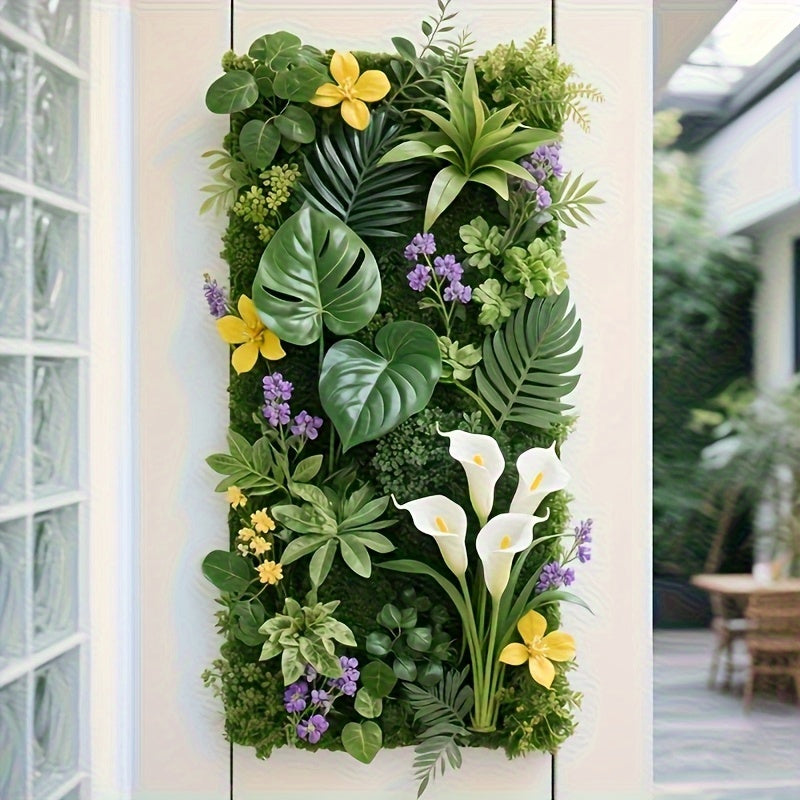 1 Panel de 40.64 cm a 60.96 cm Pantalla de Privacidad con Césped Artificial y Flores Vibrantes - Follaje Plástico Realista para Interior/Exterior, Decoración Baja Mantenimiento para Hogar, Oficina o Bodas, Diseño en Madera Natural Todo el Año, Paneles De