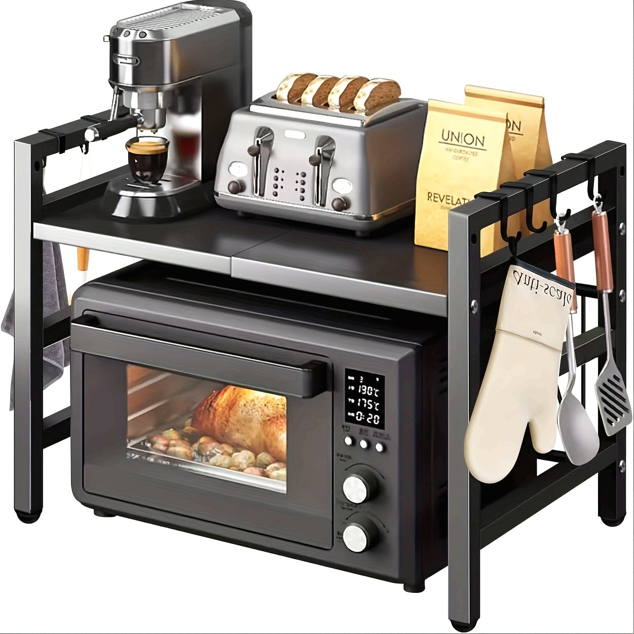 Estante metálico expandible para microondas con ganchos - Organizador vertical de mostrador para tostadora, freidora de aire, arrocera y más - Fácil instalación, construcción metálica duradera, diseño ahorrador de espacio para electrodomésticos de cocina