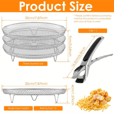 Soporte de 3 niveles para freidora de aire de acero inoxidable - Accesorio circular para asar, vaporizar y hornear con juego de clips para alimentos, frutas y verduras - Ideal para uso en cocina doméstica, accesorio para freidora de aire