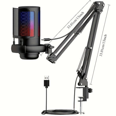 Soporte de micrófono Gaming Boom, micrófono de condensador de escritorio USB con kit de soporte, Plug And Play, silencio/tacto de monitoreo, control de ganancia, luces RGB, toque, silencio, monitoreo instantáneo, control de voz de juego, adecuado para PC