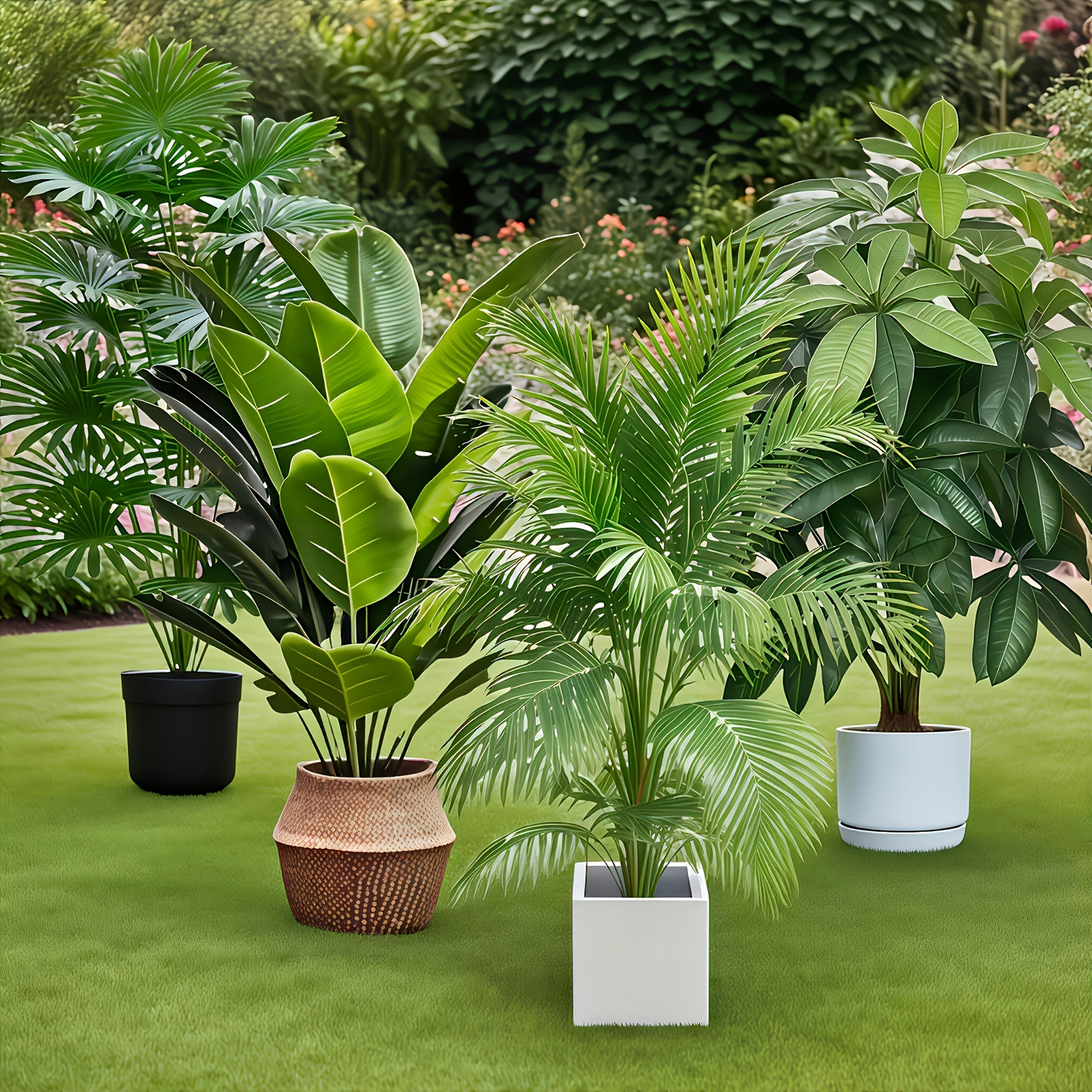 4 piezas, incluye 48 plantas artificiales de hoja grande - árbol de fortuna lush y palma ave del paraíso, aptas para uso exterior - árboles decorativos tropicales de hoja ancha sin mantenimiento, plantas en maceta aptas todo el año para interior/exterior