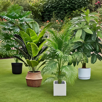 4 piezas, incluye 48 plantas artificiales de hoja grande - árbol de fortuna lush y palma ave del paraíso, aptas para uso exterior - árboles decorativos tropicales de hoja ancha sin mantenimiento, plantas en maceta aptas todo el año para interior/exterior