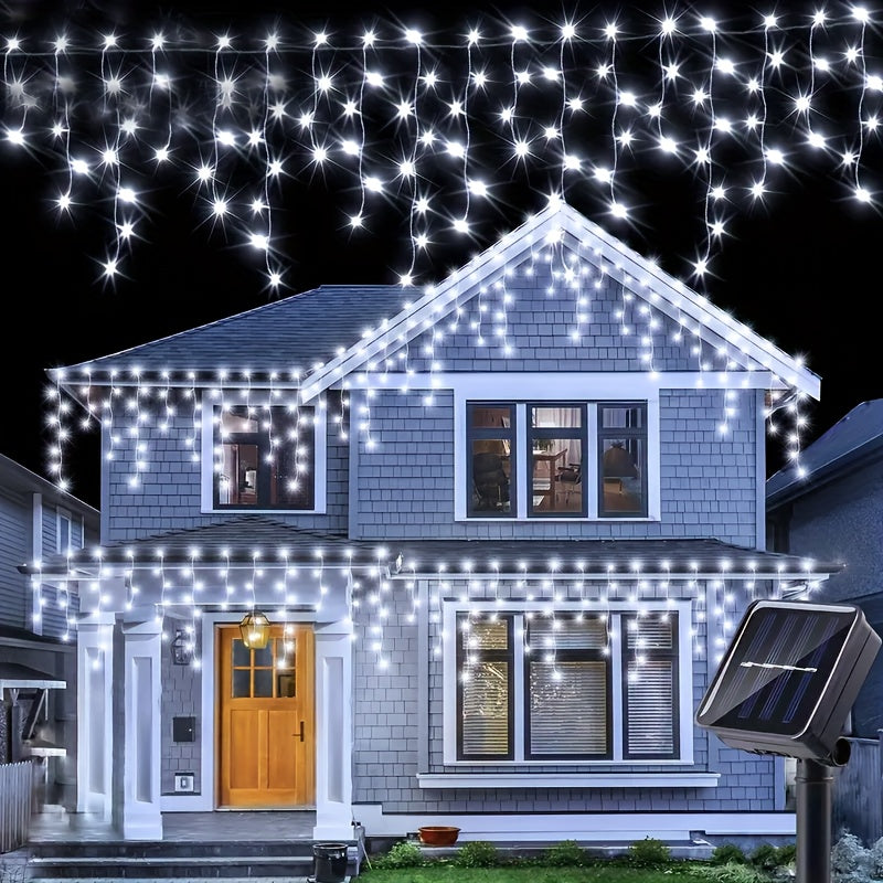 Luces de hielo alimentadas por energía solar, 96 LED, 8 modos, 4,2 metros de largo, multicolor (blanco, azul, verde, amarillo, rojo) para decoración de Navidad, vacaciones, bodas y fiestas en interiores y exteriores, impermeables IPX4, sensor inteligente