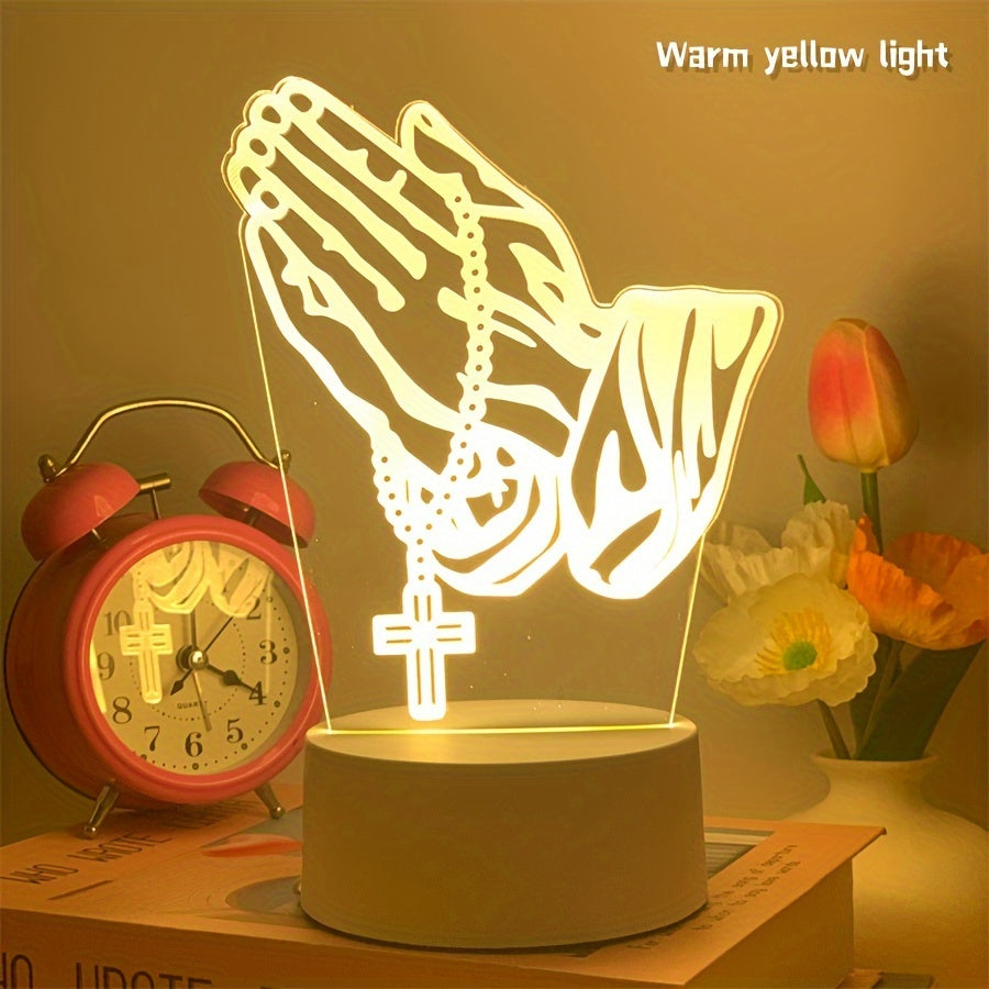 Luz de noche de oración en cruz 3D - Alimentada por USB, conmutador controlado por botón, luz de ambiente creativa para escritorio y dormitorio, lámpara de mesa decorativa novedosa, adecuada para Ramadán, luz de ambiente de habitación festiva, con base b