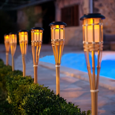 Lámpara solar de bambú con 12 luces LED en forma de llama real, ideal para caminos, jardines y parques, luz solar para exteriores, diseño de llama, batería recargable con energía solar