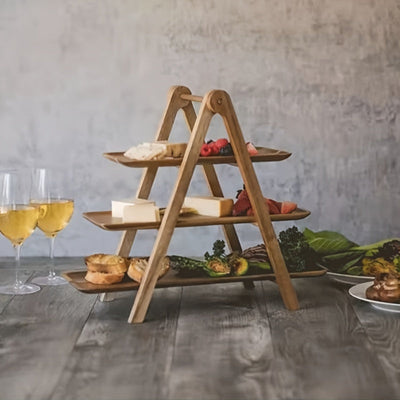 Bandeja de Servir de Madera de Acacia de 3 Niveles - Diseño Elegante en Forma de Escalera, Organizador Duradero para Cocina y Expositor de Buffet para Hogar, Hotel o Restaurante