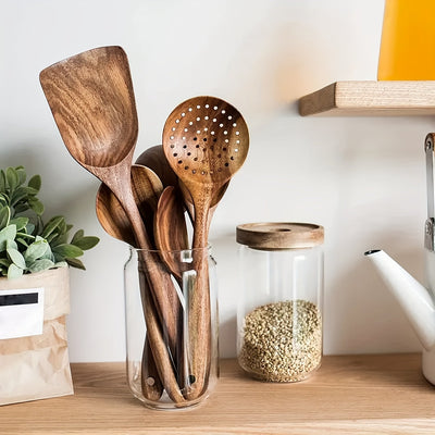 Conjunto de Utensilios de Cocina de Madera AIUHI de 5 Piezas, Cucharas de Madera y Juego de Espátulas Naturales para Sartenes Antiadherentes