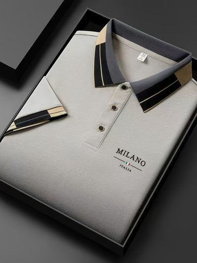 Camiseta polo ligera y suave para hombre con estampado de letras "MILANO ITALIA" - Transpirable para verano, uso casual y empresarial, ajuste regular, cuello con botones, perfecta para vacaciones y uso diario, ropa de vacaciones, diseño de contraste eleg