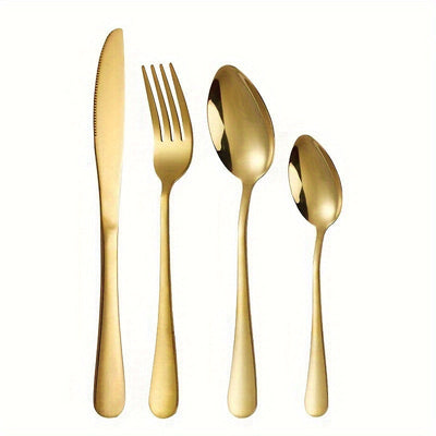Juego de Cubiertos de Acero Inoxidable Dorado de 24 Piezas con Elegante Soporte Metálico - Incluye Cuchillos para Bistec, Tenedores y Tenedores para Postres, Cucharas - Perfecto para el Hogar, Restaurante, Fiesta, Boda