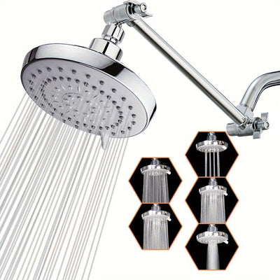Cabezal de ducha de lluvia de alta presión de 12,7 cm con brazo de extensión de 25,4 cm, ajustable en 5 modos, acabado pulido, montaje en pared, plástico redondo, no requiere electricidad.