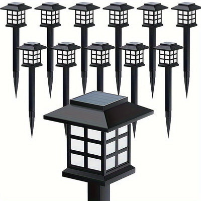 12-Pack LED Luces Solares para Jardín, Linternas de Estilo Plástico para Caminos, Batería de Níquel de 300 mAh, Antorchas de Estaca de Fácil Instalación para Pasarelas, Decoración de Jardines y Comunidades - Luz Blanca y Cálida