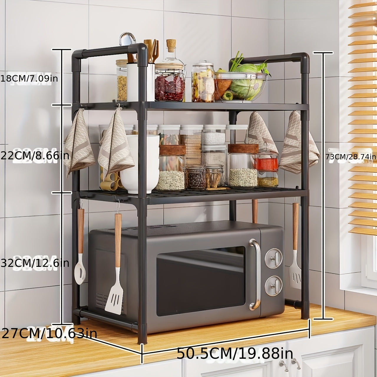 1pieza Estantería de acero inoxidable para microondas, estantería de doble horno de 1-Tier/2-Tier de piso a pie, estantería de almacenamiento de varias capas para cocina y comedor, no requiere batería, estantería de almacenamiento de cocina | Estantería