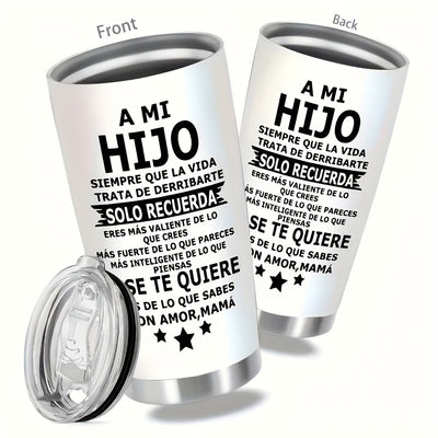 Vaso de acero inoxidable aislado de 20 onzas con tapa deslizante - taza reutilizable blanca para bebidas calientes y frías - mensaje en español para hijo - adecuado para portavasos de coche, Ideal para Navidad