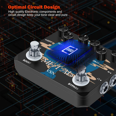 Pedal de Guitarra VSN Heavy Metal con True Bypass, Sonidos Vintage de los 80s/90s, Alimentación USB (Sin Adaptador Incluido), Controles EQ (Agudos/Medios/Bajos/Aumento/Volumen/Distorción), Muff Top Boost Integrado para Guitarras Eléctricas, Rock, Metal,