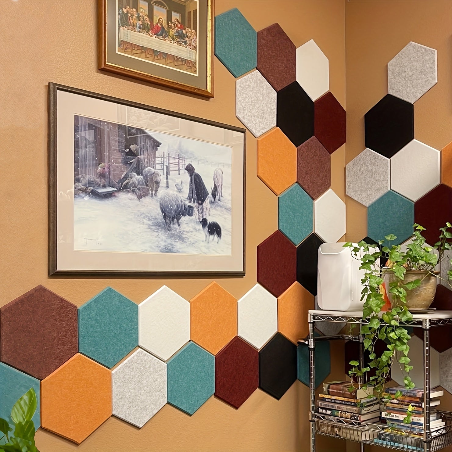 Conjunto de 12 Paneles de Espuma Acústica Hexagonal, 30.48cm x 25.98cm x 1.02cm, Azulejos Autoadhesivos para Paredes Insonorizantes en Casa y Estudio - Fibra de Poliéster, Blanco/Azul/Negro, Reducción de Ruido y Amortiguación del Sonido