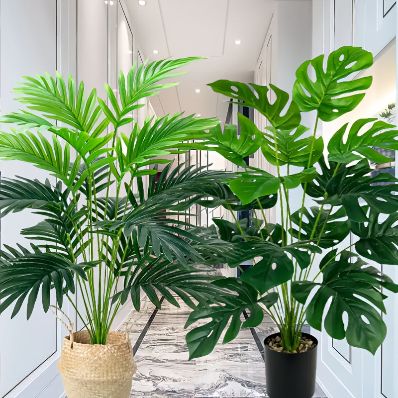 2 palmeras artificiales grandes con 24 hojas realistas cada una - Decoración de plástico resistente a los rayos UV para interiores y exteriores, hogar, oficina, hotel, fiestas - No necesita maceta, sin mantenimiento, decoración con palmeras