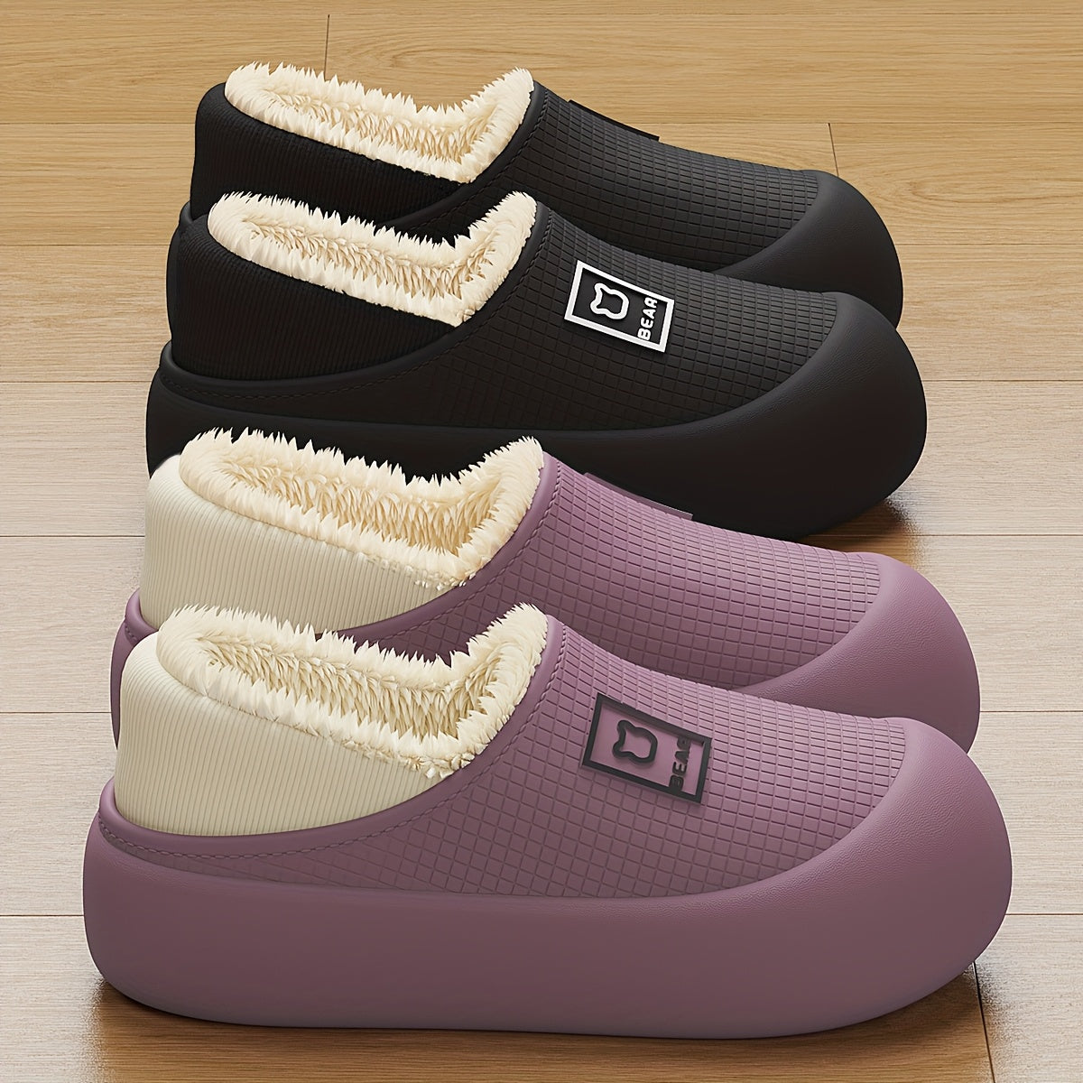 Zapatillas cómodas para mujer - Material suave de EVA con forro de felpa, color lila claro y negro, ideales para el confort en interiores en invierno, estilo casual para el hogar.