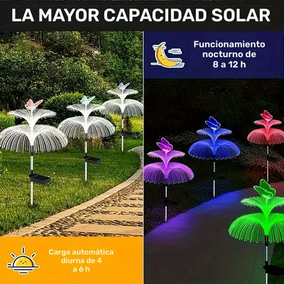 Luces solares para jardín con diseño de medusas, 3 piezas, luces LED multicolor para exteriores, diseño de mariposa de doble capa, construcción duradera de plástico y acabado metálico, ahorro de energía, fácil instalación, ideales para caminos y jardines
