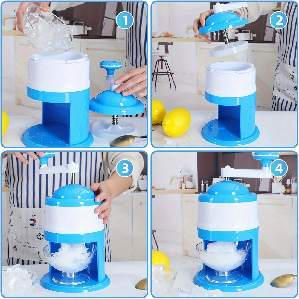 Heladera Manual de Doble Uso - Diseño Portátil Sin Electricidad con Tazón Transparente para Cubitos y Hielo Rallado Casero - Esencial para Picnics, Camping y Bebidas de Verano - Gadget Azul y Blanco, Heladora Compacta, Equipo de Campaña, Construcción Dur