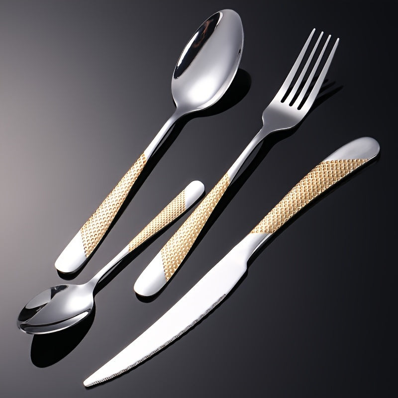 Juego de cubiertos de acero inoxidable con diseño de estrella, 24 piezas - Incluye cuchillo para carne, tenedor, cuchara y cuchara de postre - Ideal para hoteles y restaurantes