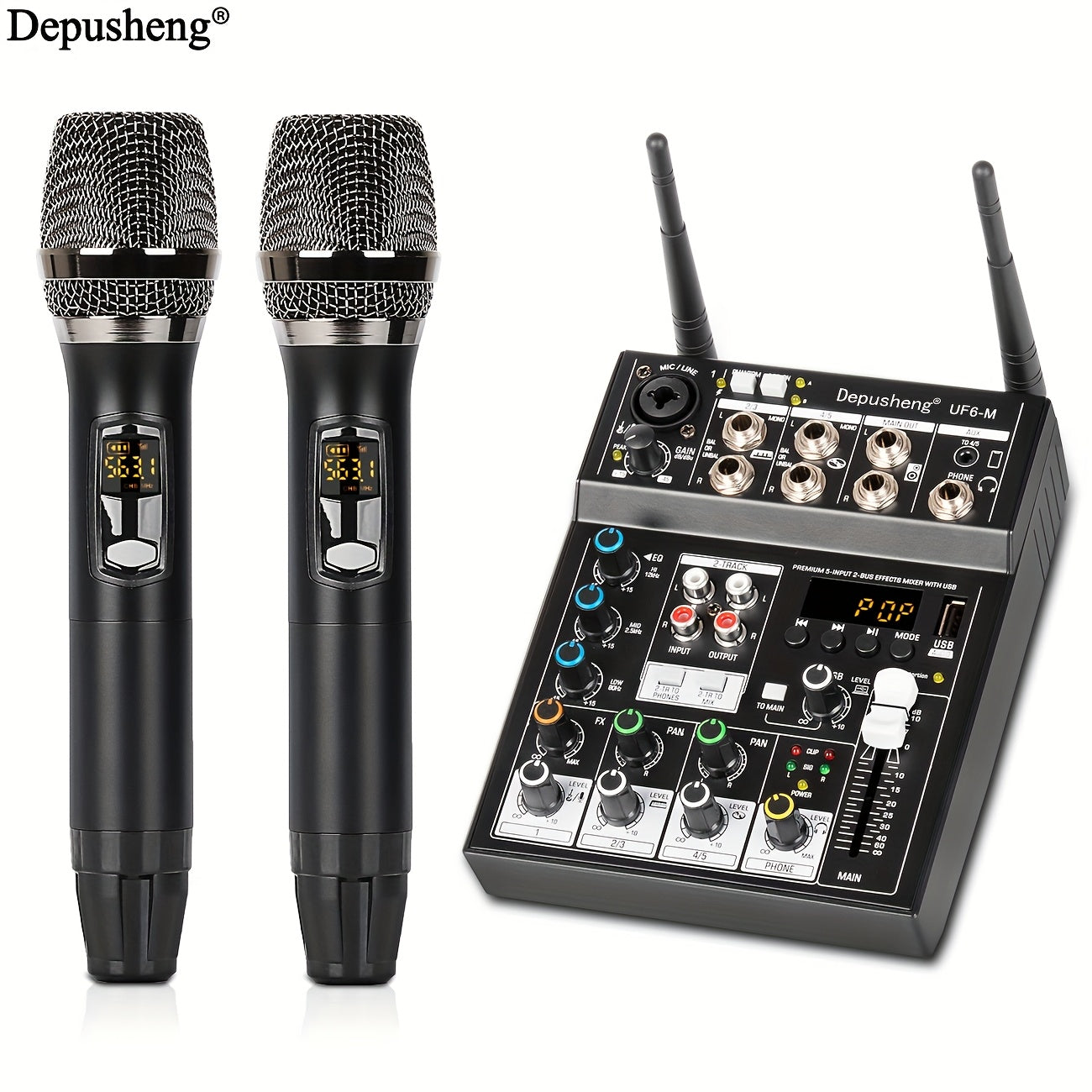 Mixer de audio profesional DEPUSHENG UF6-M de 6 canales, alimentado por USB, tensión de funcionamiento ≤36V, material ABS, receptor incorporado, dos micrófonos inalámbricos, consola de mezcla de sonido para vivo, boda, fiesta, grabación, emisión