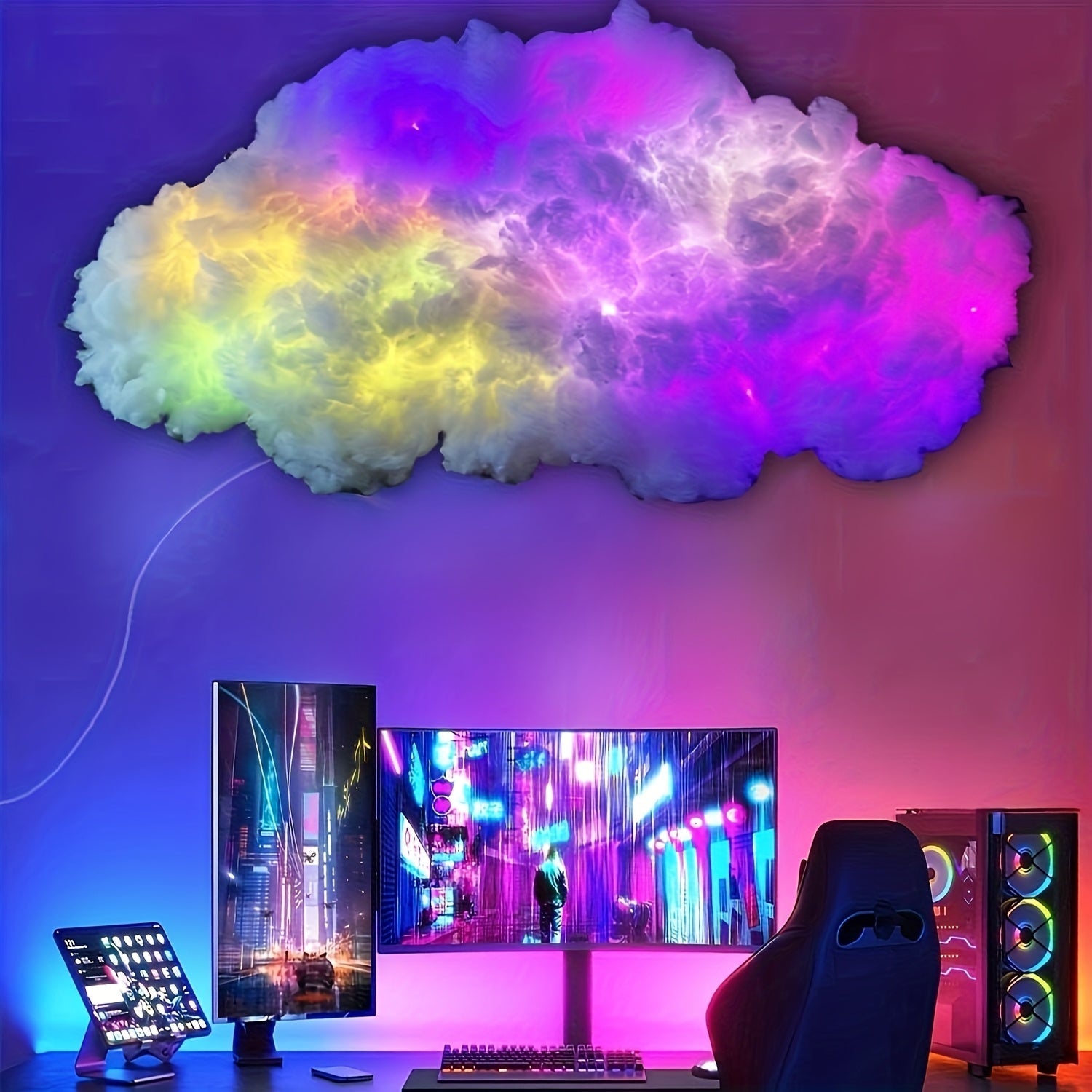 Luz LED 3D en forma de nube de 92.96 cm con ritmo musical, luces de cadena multicolor con control por botón, alimentación por USB, decoración para habitación de juegos y dormitorio, iluminación cercana, producto navideño, decoración vibrante para habitac