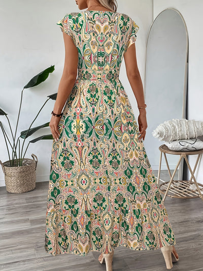 Vestido midi elegante para mujer con estampado floral, cuello en V, ajustado, mangas cortas y dobladillo con volantes - Lavable a máquina, vestido lápiz para todas las estaciones, ocasiones casuales o formales, estilo versátil y femenino, material durade