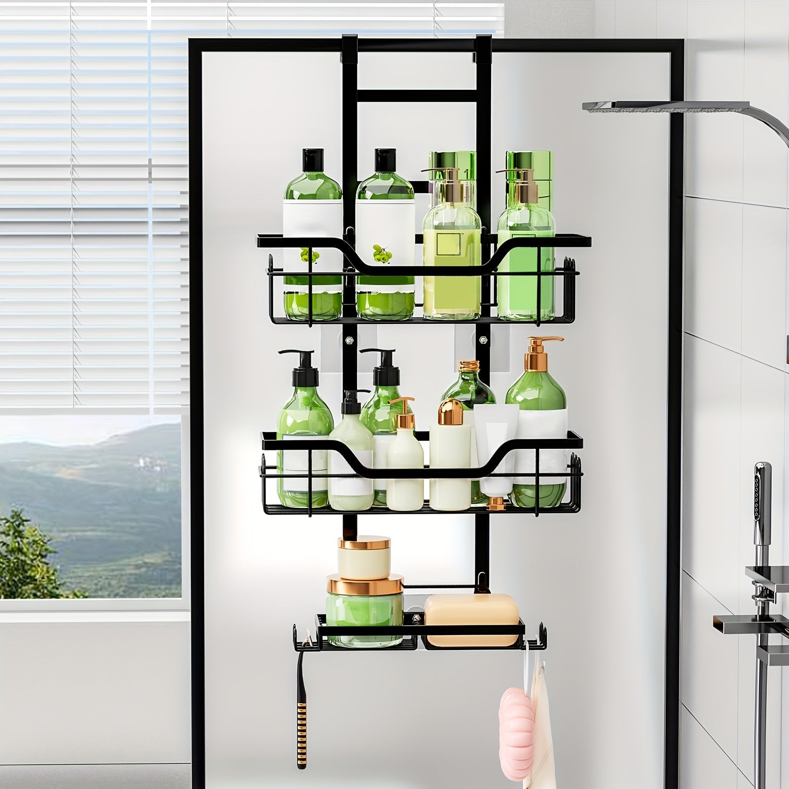1 Pieza, Estante De Ducha De 3 Niveles Para Colgar Sobre La Puerta, Organizador De Baño Colgante De Hierro Fundido A Prueba De Óxido Con Jabonera, Accesorios De Baño Que Ahorran Espacio, Decoración Del Hogar