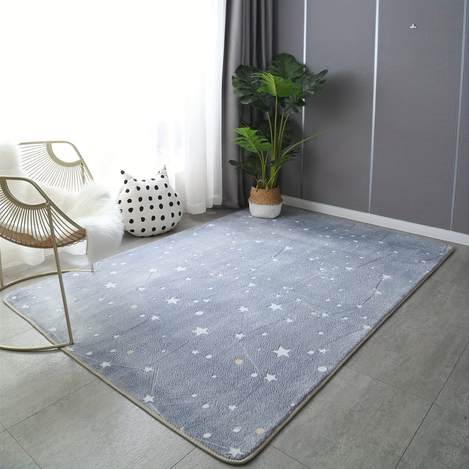Alfombra ligera de poliéster Skeiyo - Lavable a mano, pelo bajo, alfombra rectangular hecha a máquina con color sólido y rayas, patrón de estrellas brillantes para uso en interiores, ideal para la decoración de habitaciones y dormitorios, festiva para Na