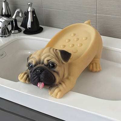 1 pieza de estatua de perro pug de resina, diseño realista, decoración de hogar resistente al agua para baño, cocina, sala de estar - forma ovalada, accesorio de baño | diseño juguetón | material resistente al agua, soporte de jabón para baño
