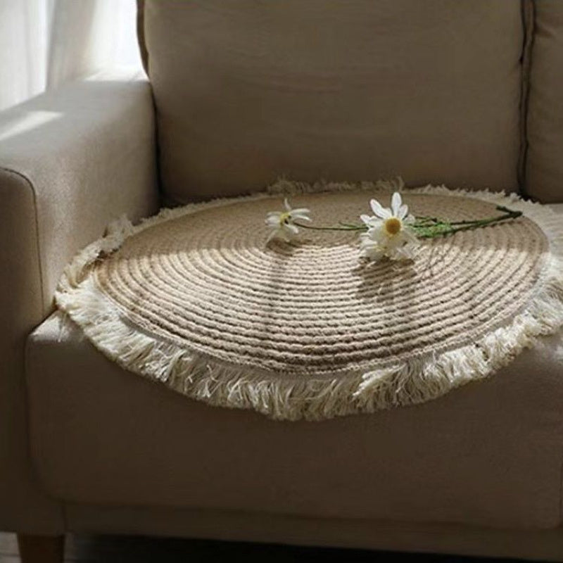 Tapete de lino tejido a mano con borlas, estilo japonés, diseño en espiral, color beige neutro, ideal para decoración de dormitorio, sala o balcón, alfombra para sala