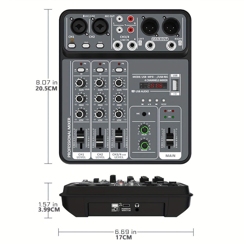 Consola de Mezcla BOMGE Profesional 4 Canales con Interfaz USB, Compatible con MP3 y Entrada de Computadora, Ideal para Estudio, Streaming en Vivo, Grabación y Podcasting