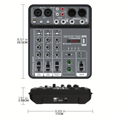 Consola de Mezcla BOMGE Profesional 4 Canales con Interfaz USB, Compatible con MP3 y Entrada de Computadora, Ideal para Estudio, Streaming en Vivo, Grabación y Podcasting
