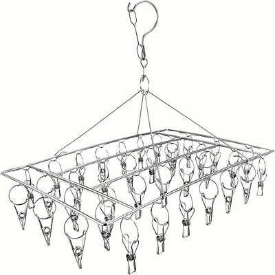 1pc Soporte De Secado De Calcetines De Acero Inoxidable Con Clip Múltiple, Gancho Giratorio A Prueba De Viento, Percha Para Ropa, Soporte De Secado De Ropa Para Calcetines, Sujetadores, Ropa Interior, Accesorios De Lavandería
