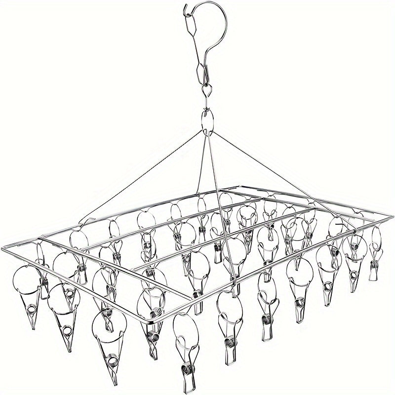 1pc Soporte De Secado De Calcetines De Acero Inoxidable Con Clip Múltiple, Gancho Giratorio A Prueba De Viento, Percha Para Ropa, Soporte De Secado De Ropa Para Calcetines, Sujetadores, Ropa Interior, Accesorios De Lavandería
